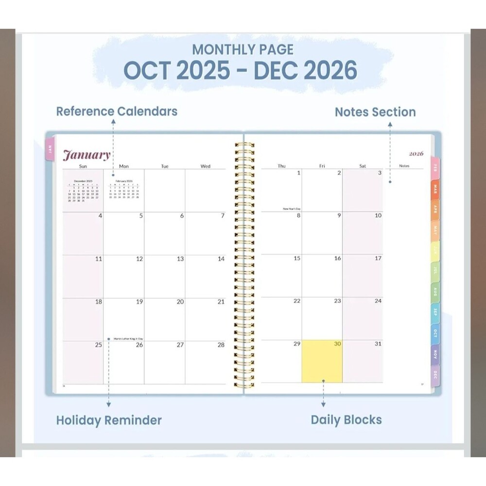 2026 Planner Weekly/Monthly Jan-Dec Monthly Agenda w/ Tabs - Blue - Picture 3 of 6